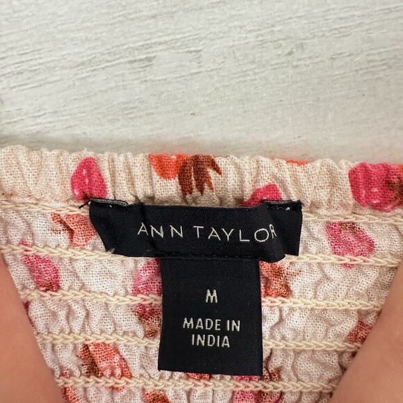 Ann Taylor Top M Berry Bunches Linen Blend Square Neck Smocked Flutter Sleeves - Picture 7 of 11